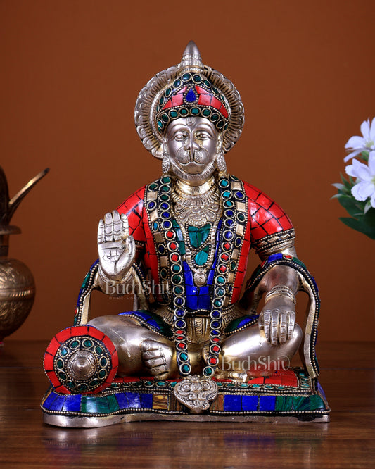 Lord Hanuman Brass Idol 9.5" Tall | Meenakari Stonework