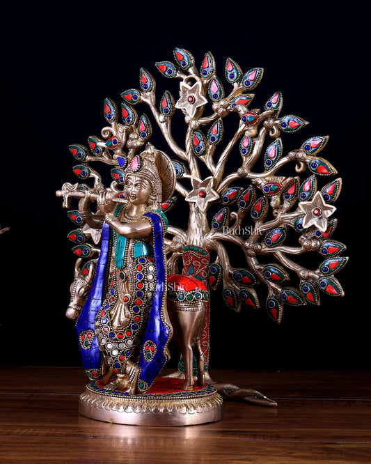 Pure Brass Lord Krishna with Cow & Kalpavriksha Tree – Meenakari Statue 13 inch