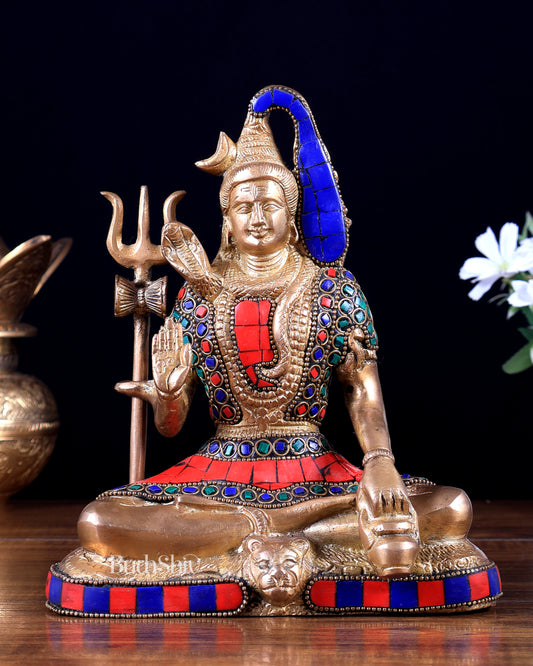Brass Lord Shiva in Blessing Mudra with Stonework – 8 inch