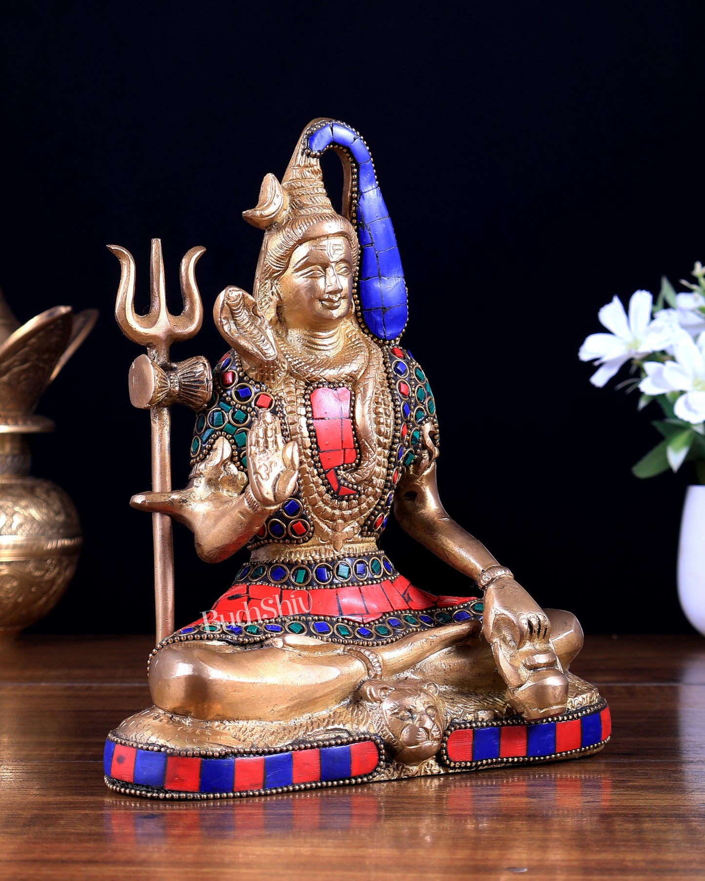 Brass Lord Shiva in Blessing Mudra with Stonework – 8 inch