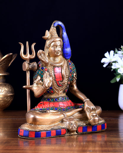Brass Lord Shiva in Blessing Mudra with Stonework – 8 inch