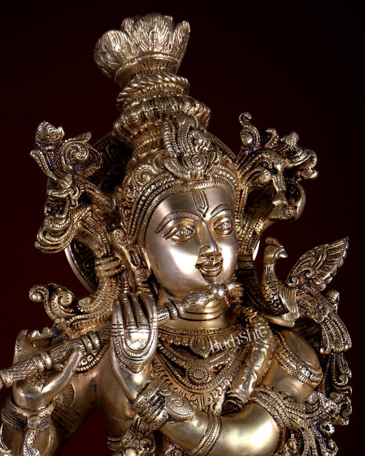 Pure Brass Lord Krishna with Cow – Grand Sculpture with Krishna Leela Base 29 inch