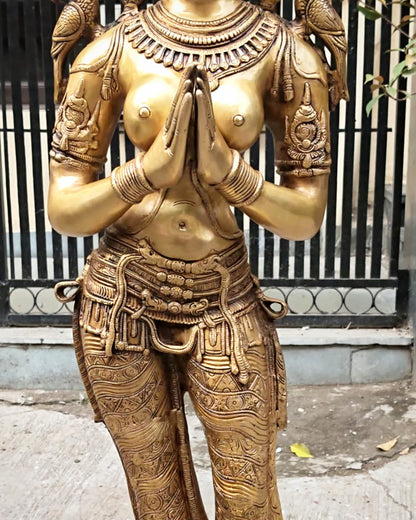 Pure Brass Namaste Lady Statue | Traditional Indian Welcome Woman Sculpture (51 Inch)