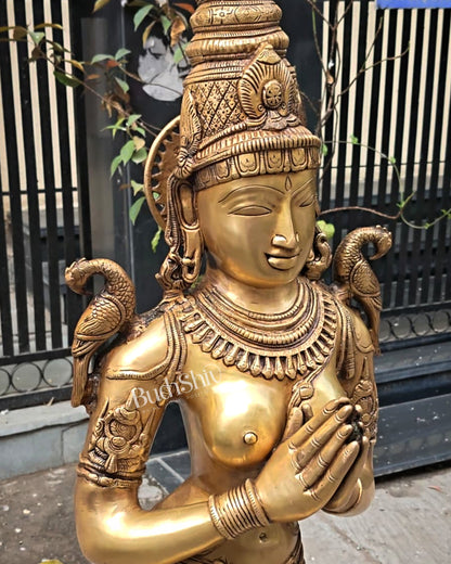 Pure Brass Namaste Lady Statue | Traditional Indian Welcome Woman Sculpture (51 Inch)