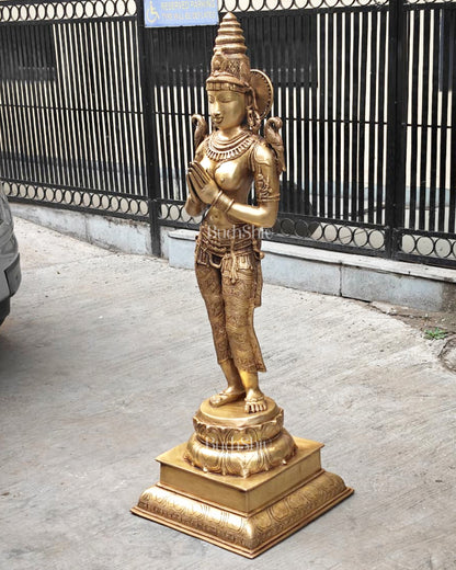 Pure Brass Namaste Lady Statue | Traditional Indian Welcome Woman Sculpture (51 Inch)