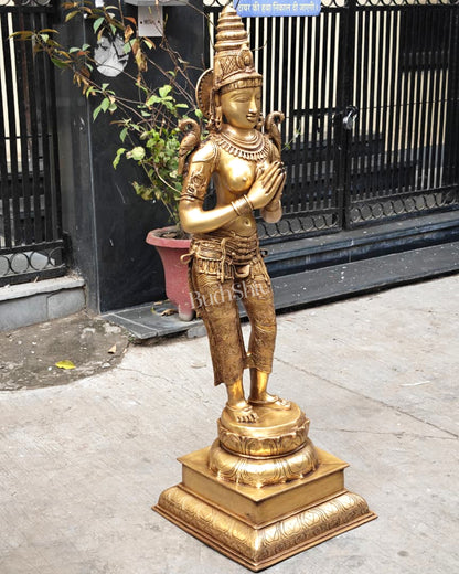 Pure Brass Namaste Lady Statue | Traditional Indian Welcome Woman Sculpture (51 Inch)