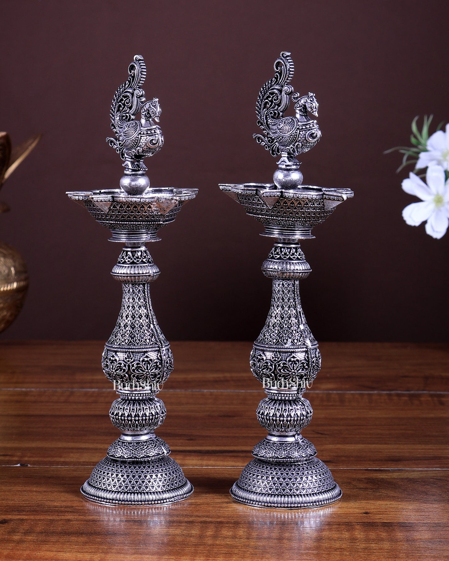 Silver plated Annam Design Peacock brass samai diya – Intricate Design 8 inch pair
