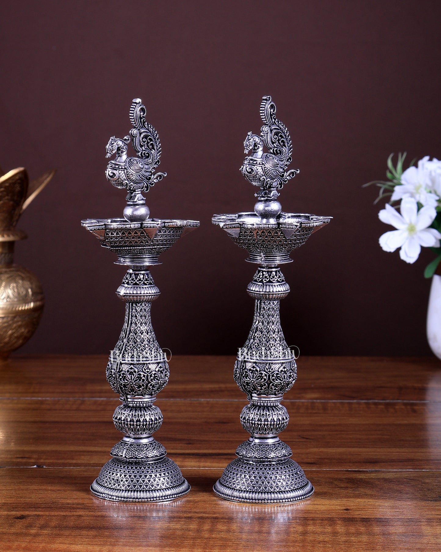 Silver plated Annam Design Peacock brass samai diya – Intricate Design 8 inch pair
