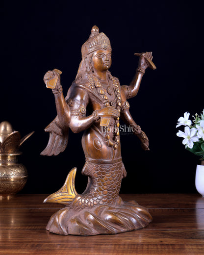 Pure Brass Matsya Vishnu Avatar Statue | Vintage Finish Divine Sculpture (14 Inch)