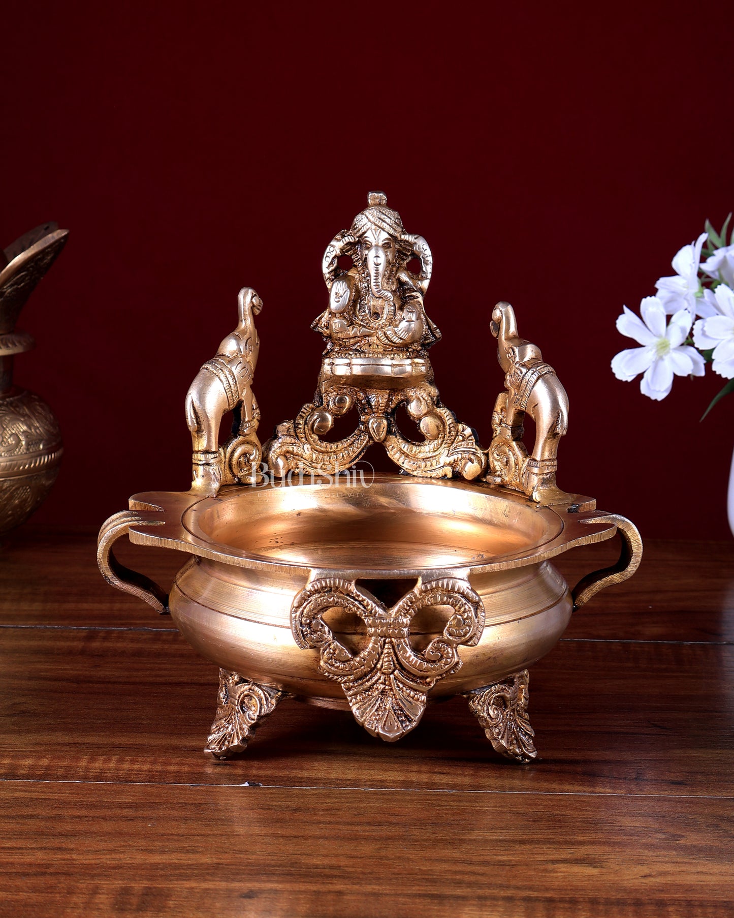 Brass Ganesha Urli with Jumping Elephants | Unique Decorative Bowl for Pooja & Décor (8 Inch)