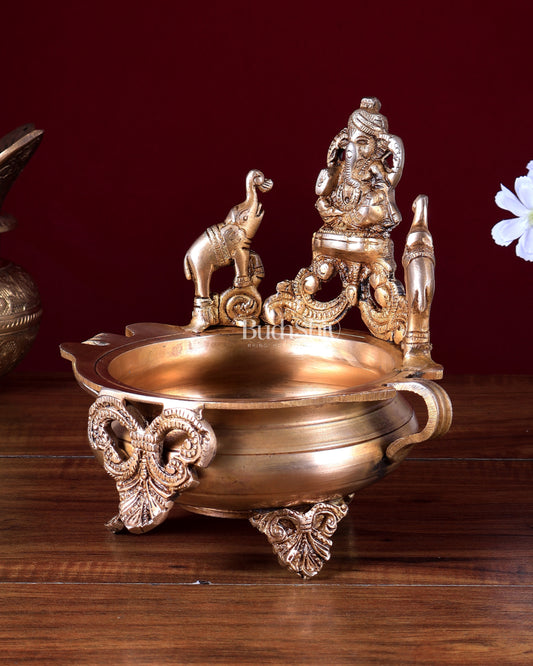 Brass Ganesha Urli with Jumping Elephants | Unique Decorative Bowl for Pooja & Décor (8 Inch)