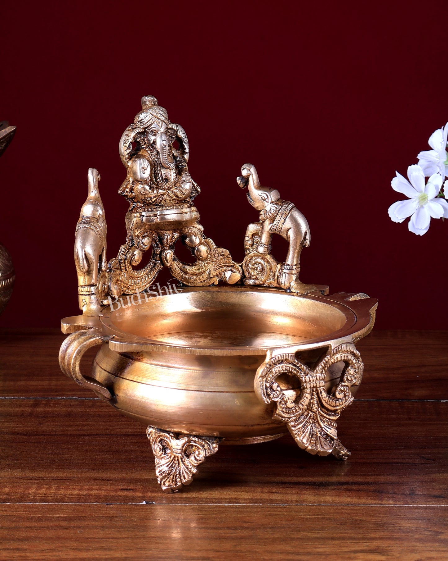 Brass Ganesha Urli with Jumping Elephants | Unique Decorative Bowl for Pooja & Décor (8 Inch)