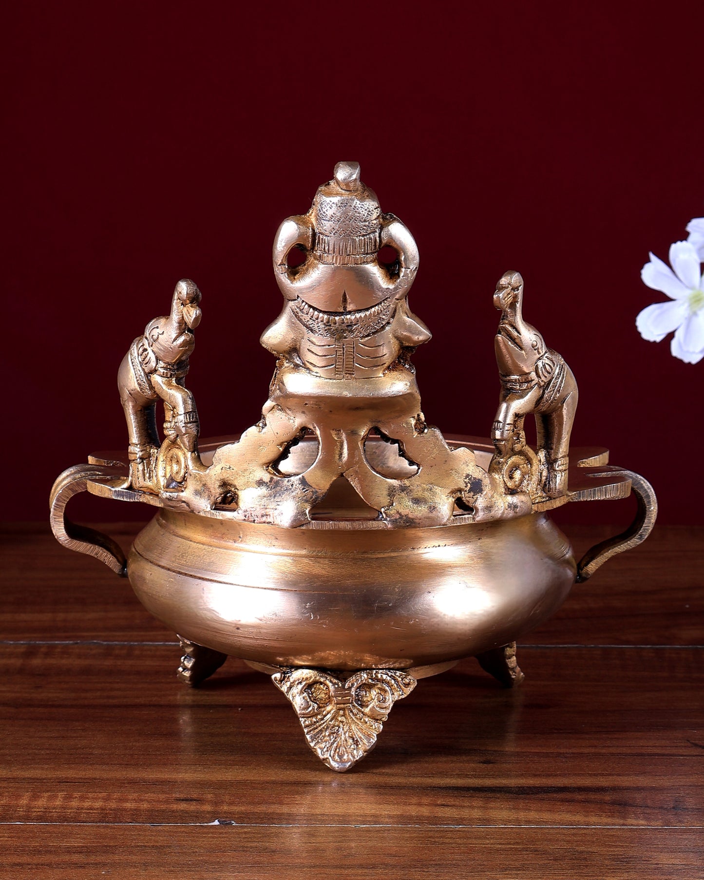 Brass Ganesha Urli with Jumping Elephants | Unique Decorative Bowl for Pooja & Décor (8 Inch)