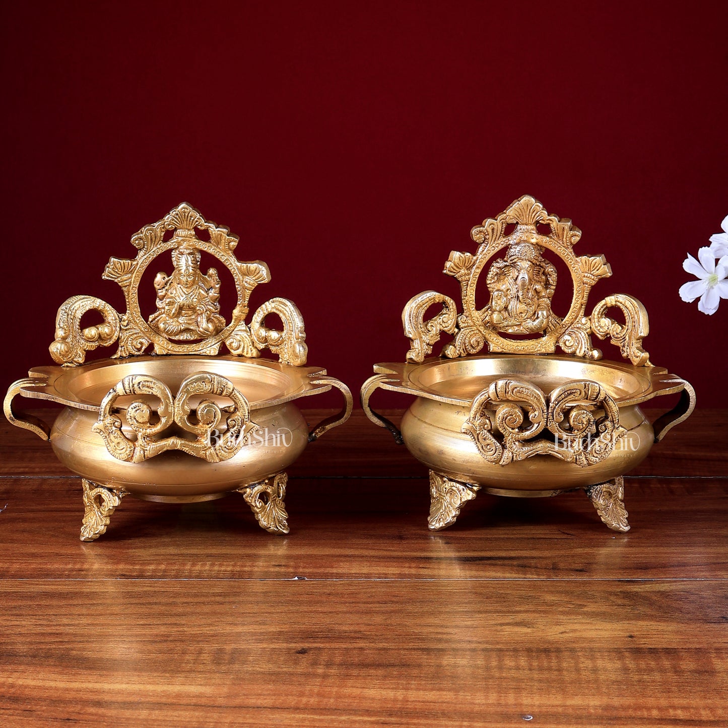 Lord Ganesha and Goddess Lakshmi Brass Statues on Decorative Urli 7 inch