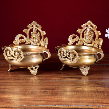 Lord Ganesha and Goddess Lakshmi Brass Statues on Decorative Urli 7 inch