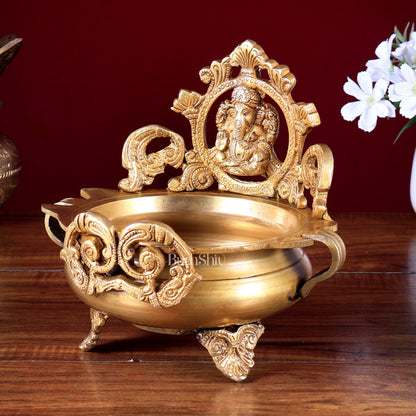 Lord Ganesha and Goddess Lakshmi Brass Statues on Decorative Urli 7 inch