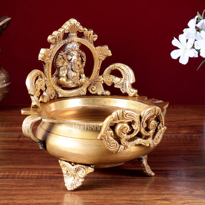 Lord Ganesha and Goddess Lakshmi Brass Statues on Decorative Urli 7 inch