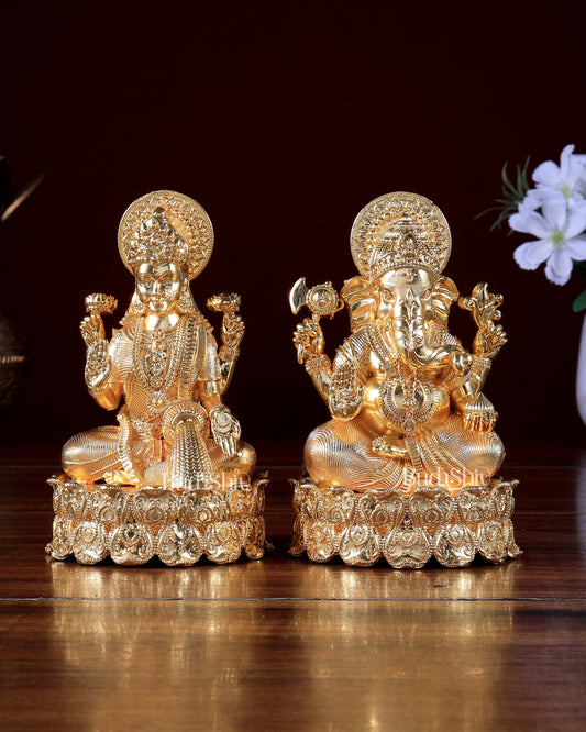 Gold plated Ganesha Lakshmi Brass Idols on Lotus Base 5.25 inch