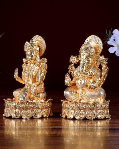Gold plated Ganesha Lakshmi Brass Idols on Lotus Base 5.25 inch