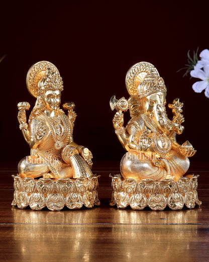 Gold plated Ganesha Lakshmi Brass Idols on Lotus Base 5.25 inch