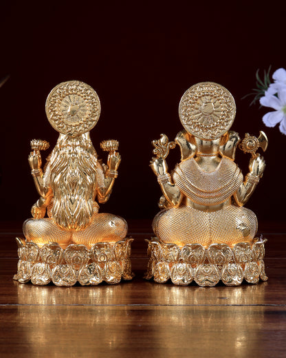 Gold plated Ganesha Lakshmi Brass Idols on Lotus Base 5.25 inch