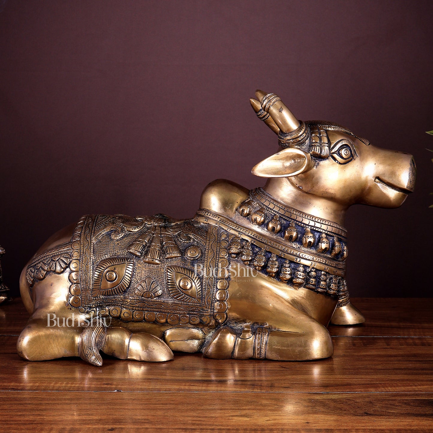 Pure Brass Nandi Statue with Enhanced Carvings - 16"