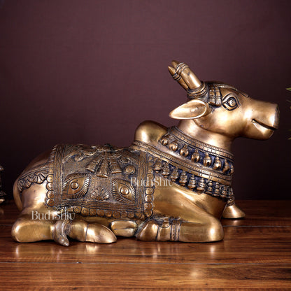 Pure Brass Nandi Statue with Enhanced Carvings - 16"