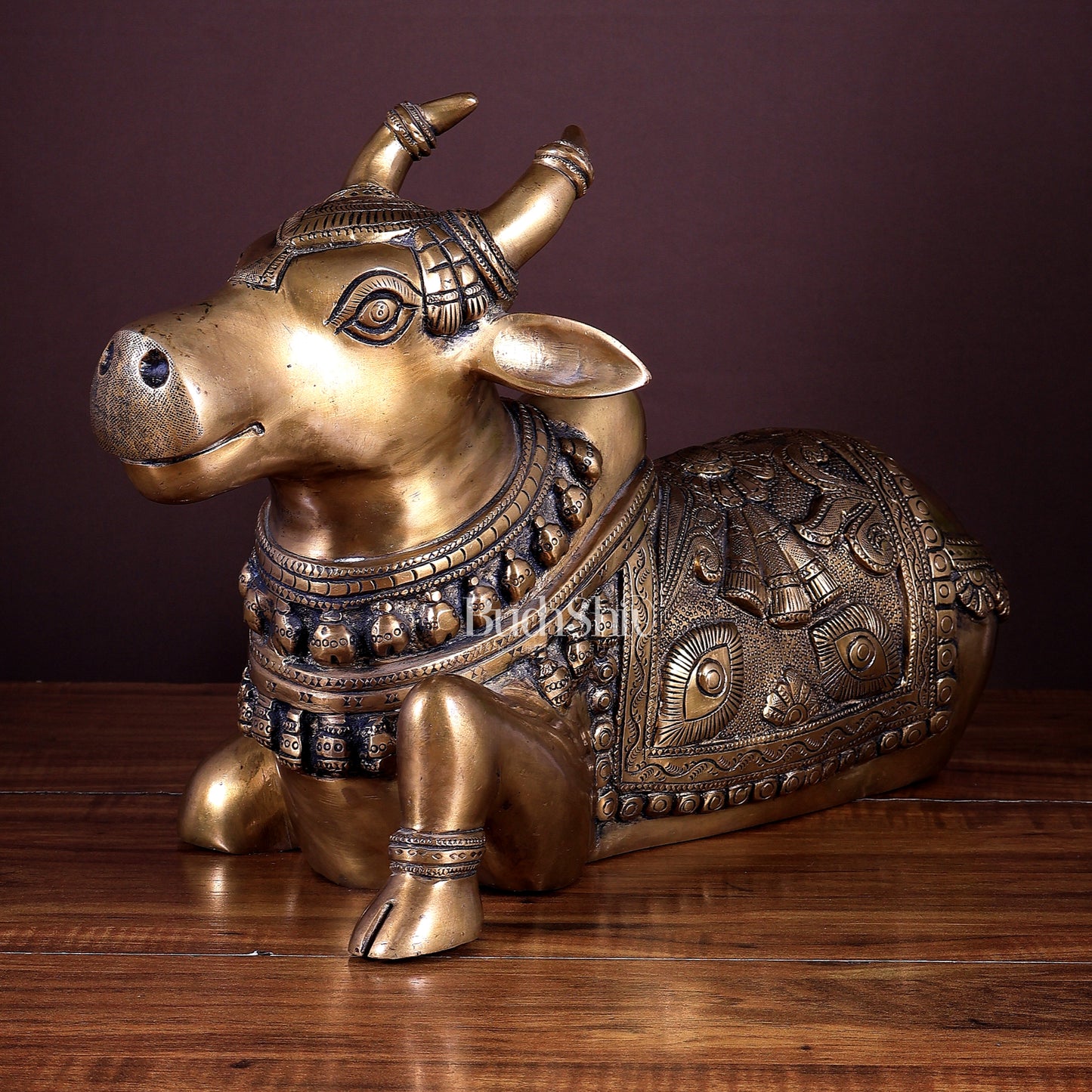 Pure Brass Nandi Statue with Enhanced Carvings - 16"