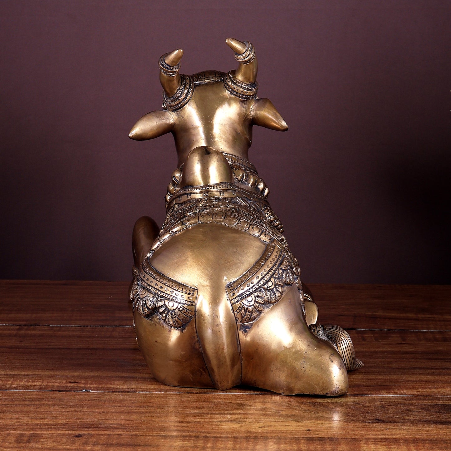 Pure Brass Nandi Statue with Enhanced Carvings - 16"