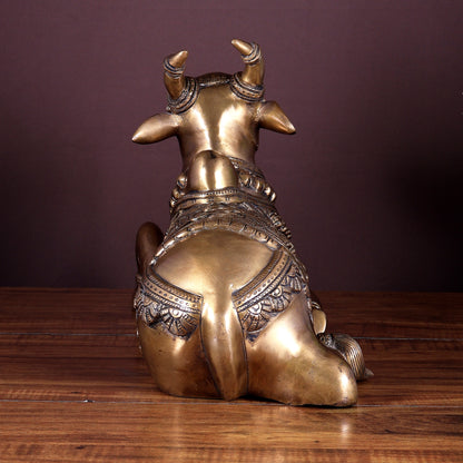 Pure Brass Nandi Statue with Enhanced Carvings - 16"
