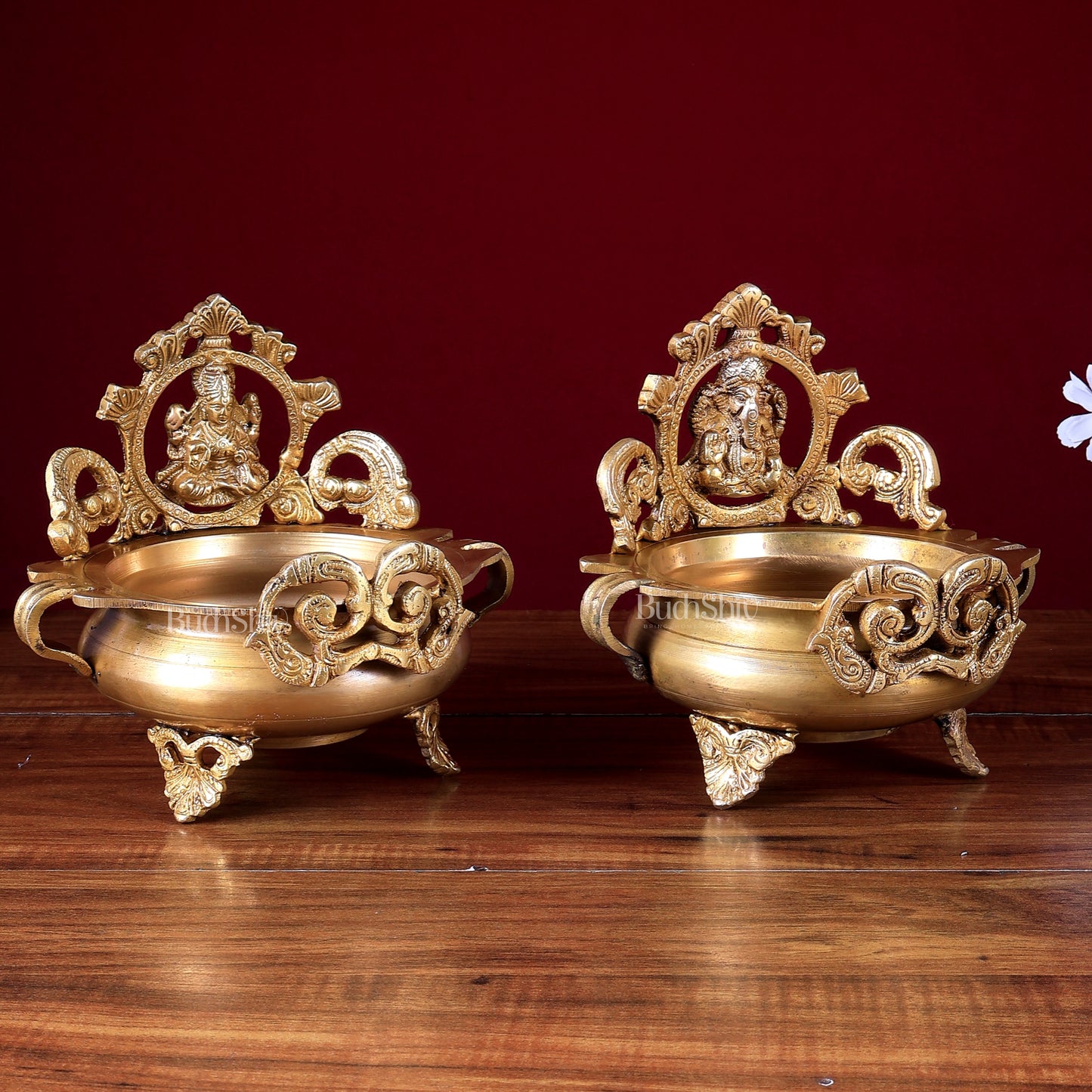 Lord Ganesha and Goddess Lakshmi Brass Statues on Decorative Urli 7 inch