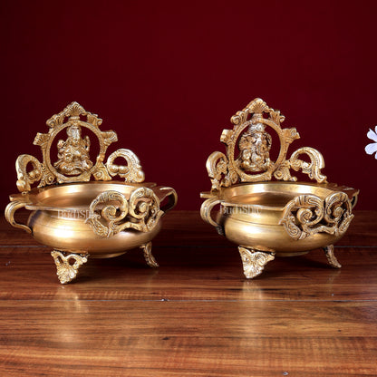 Lord Ganesha and Goddess Lakshmi Brass Statues on Decorative Urli 7 inch
