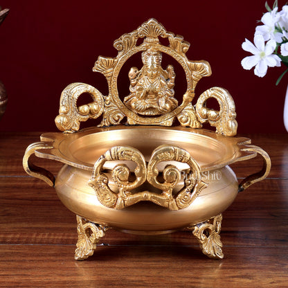 Lord Ganesha and Goddess Lakshmi Brass Statues on Decorative Urli 7 inch