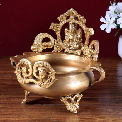 Lord Ganesha and Goddess Lakshmi Brass Statues on Decorative Urli 7 inch