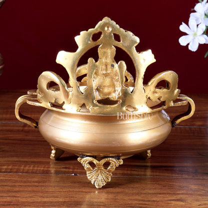 Lord Ganesha and Goddess Lakshmi Brass Statues on Decorative Urli 7 inch