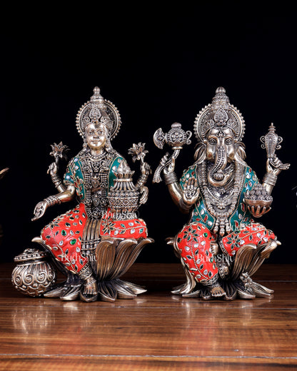 Superfine Brass Ganesha Lakshmi Idol Set – 10 Inch meenakari work