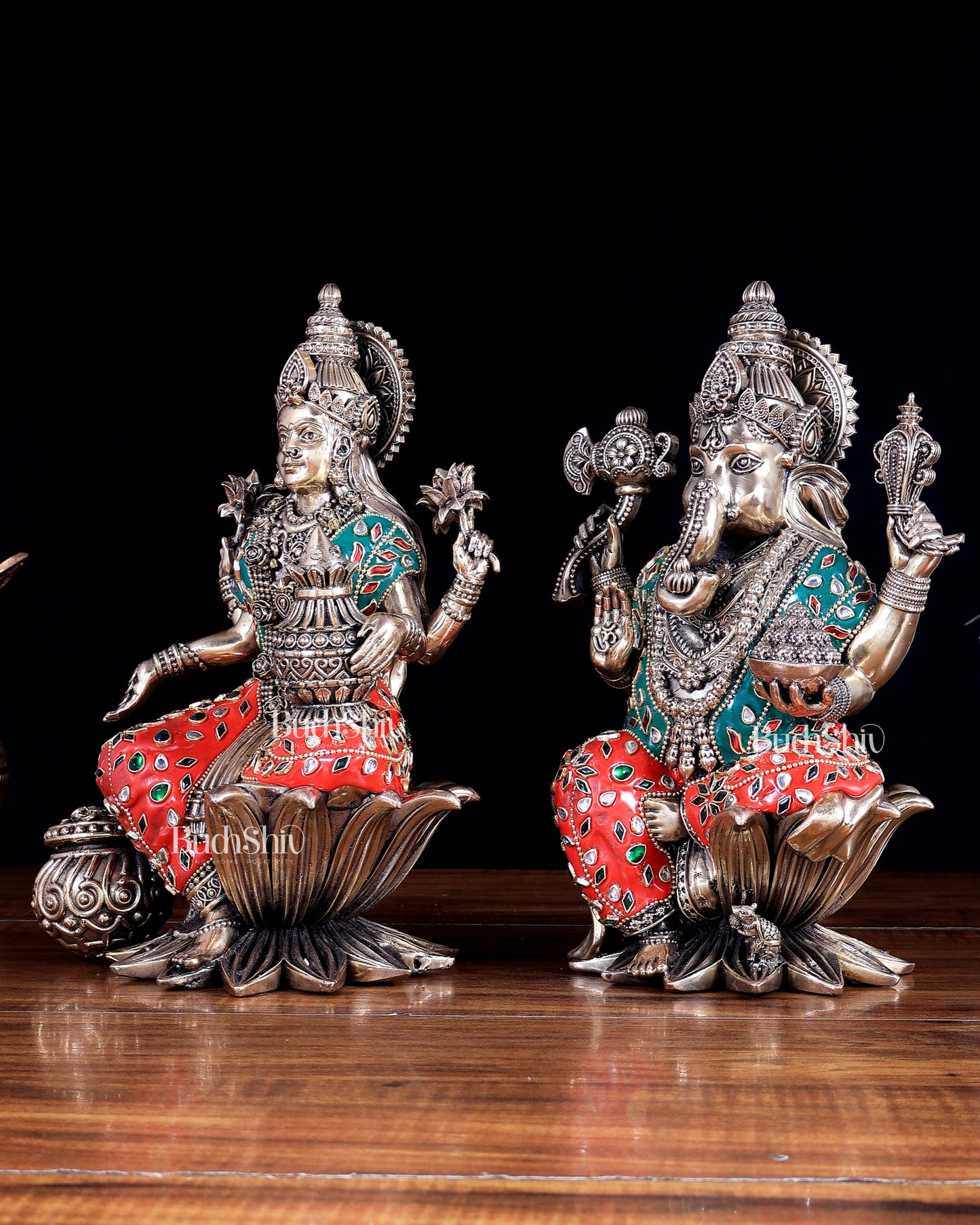 Superfine Brass Ganesha Lakshmi Idol Set – 10 Inch meenakari work