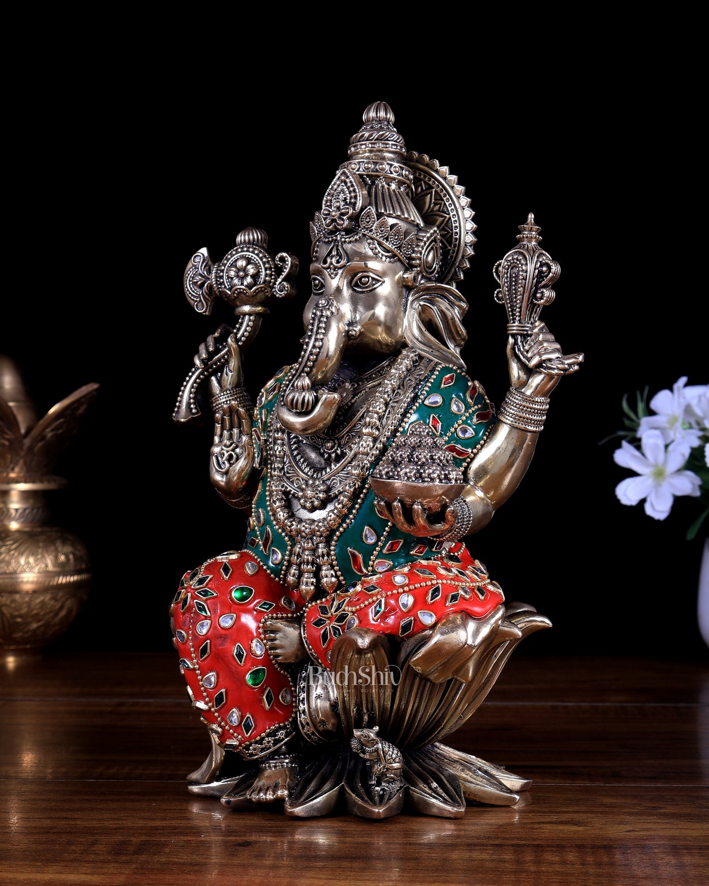 Pure Brass Ganesha Idol – 10 Inch with meenakari