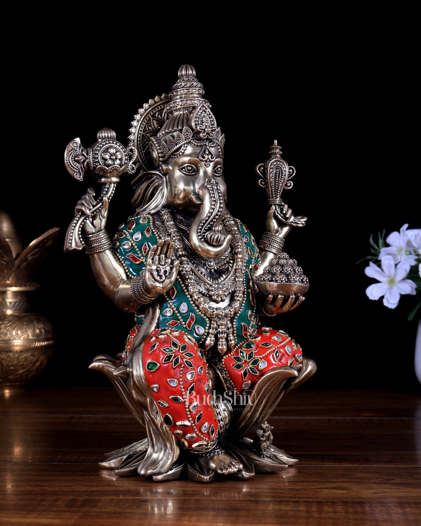 Pure Brass Ganesha Idol – 10 Inch with meenakari