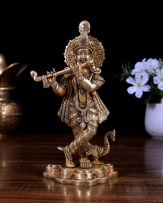 Pure Brass Superfine Lord Krishna Statue | Handcrafted Divine Idol 8 inch