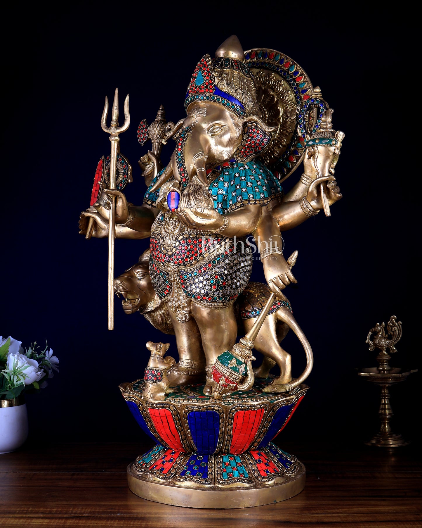 Pure Brass Large Drishti Ganesha Standing with Lion Statue 24" with stonework