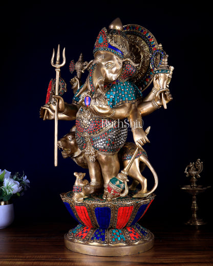 Pure Brass Large Drishti Ganesha Standing with Lion Statue 24" with stonework