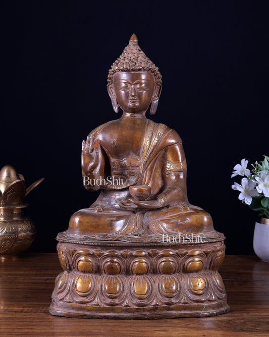 Pure Brass Buddha Statue with Blessing Hand in Vintage Finish 15.5 inch