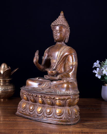 Pure Brass Buddha Statue with Blessing Hand in Vintage Finish 15.5 inch