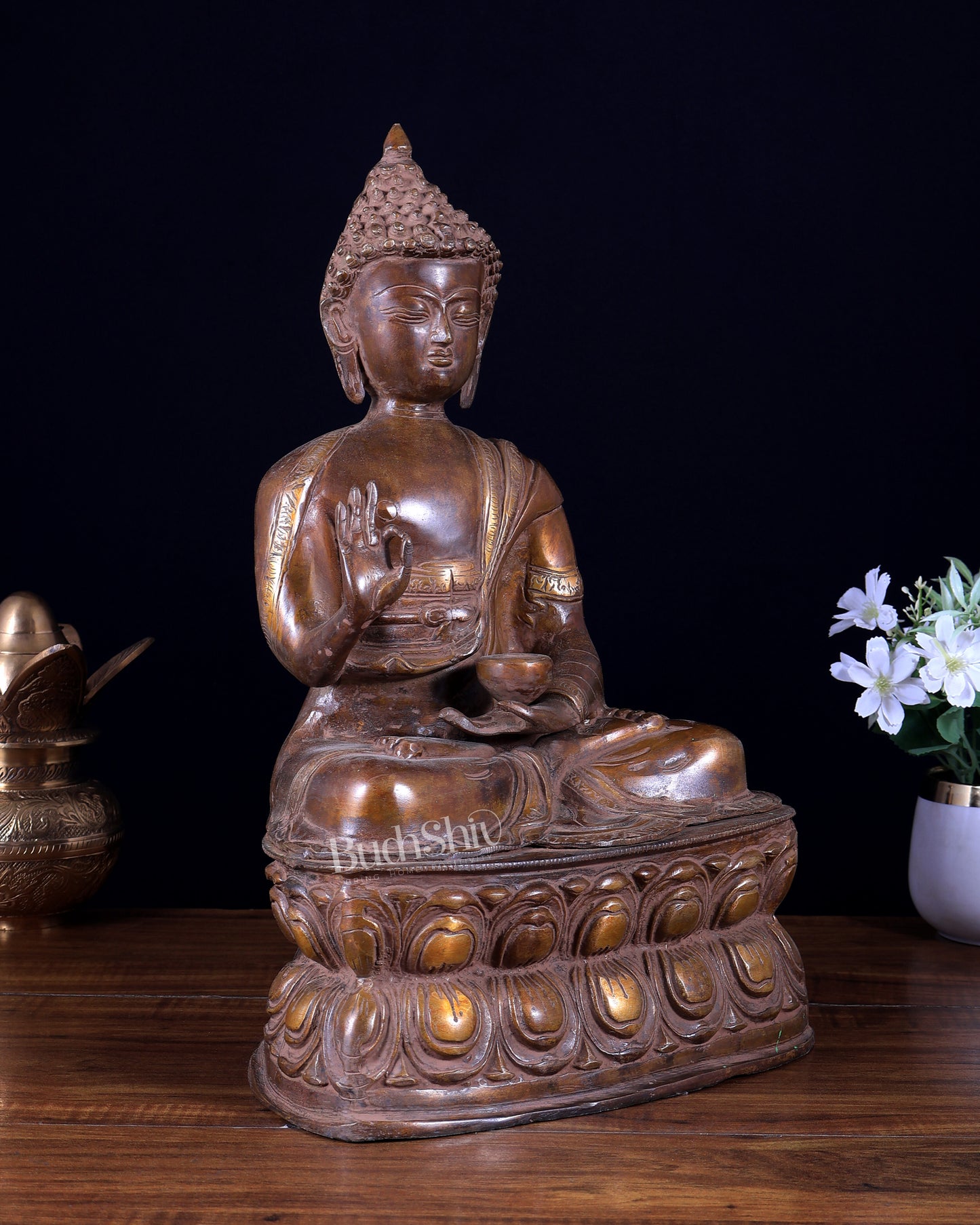 Pure Brass Buddha Statue with Blessing Hand in Vintage Finish 15.5 inch