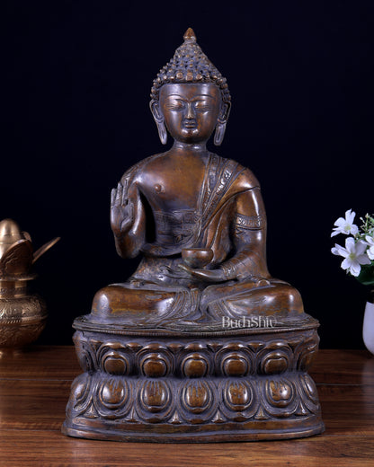 Pure Brass Buddha Statue with Blessing Hand in Vintage tone 15.5 inch