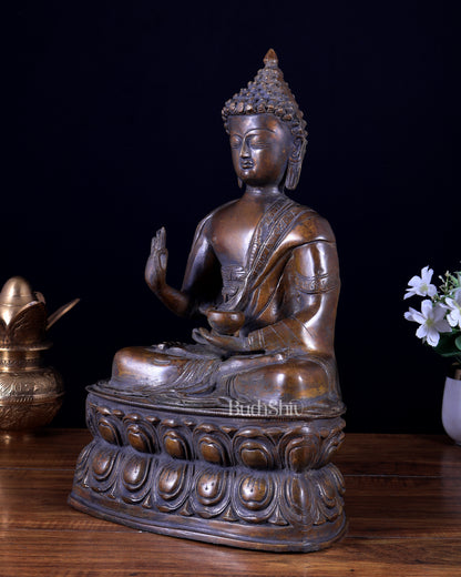 Pure Brass Buddha Statue with Blessing Hand in Vintage tone 15.5 inch