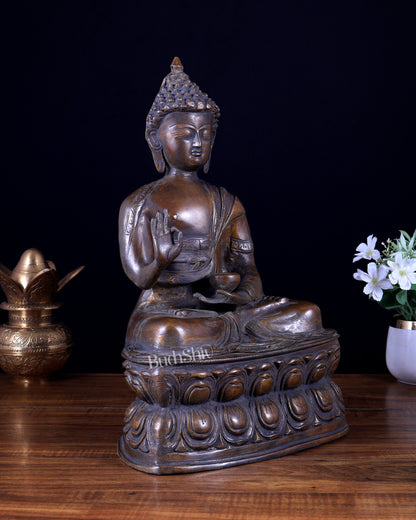 Pure Brass Buddha Statue with Blessing Hand in Vintage tone 15.5 inch