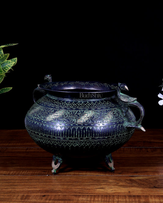 Vintage Brass Pot/planter Handcrafted with Intricate Carvings | Black & Green Patina Limited Edition