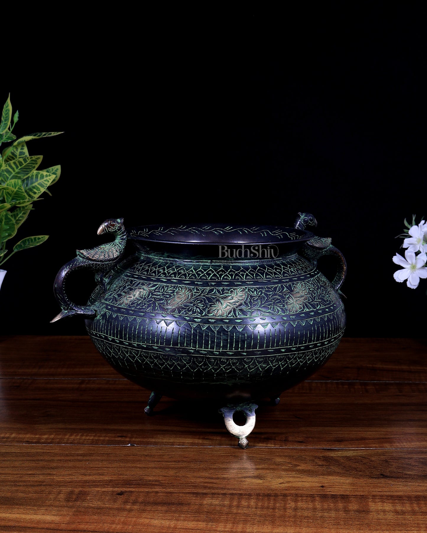 Vintage Brass Pot/planter Handcrafted with Intricate Carvings | Black & Green Patina Limited Edition